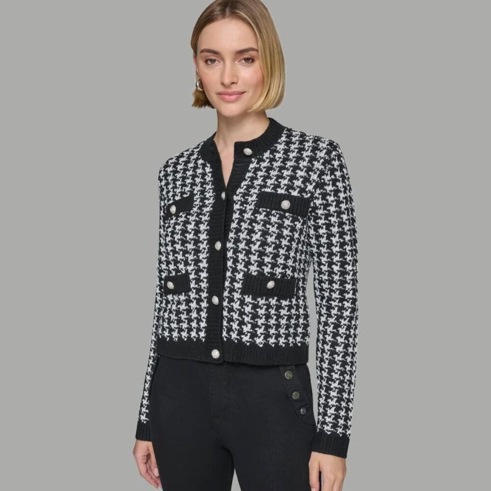 Karl Lagerfeld Cardigan Women's Size Xl Black White Herringbone Cropped Classic